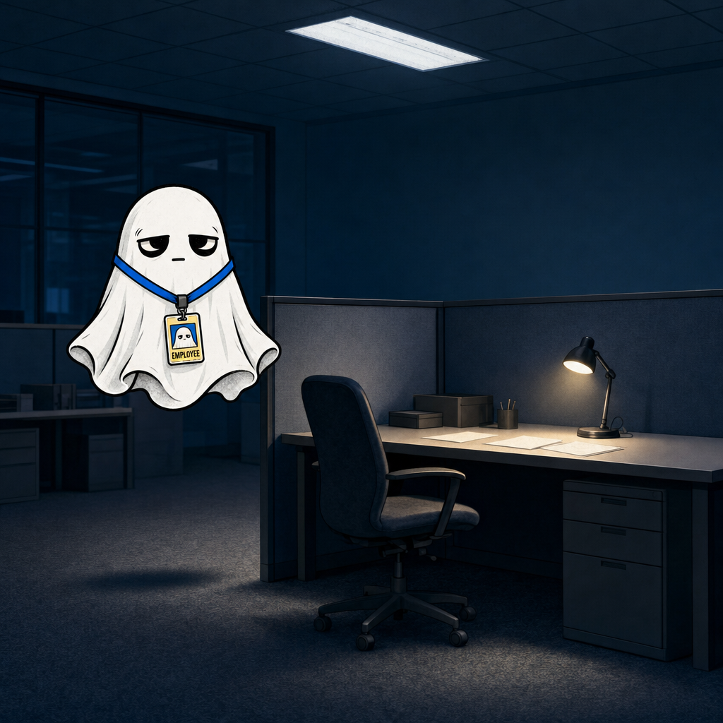 Ghost Employee floating beside an empty cubicle desk in a dark office lit by one desk lamp